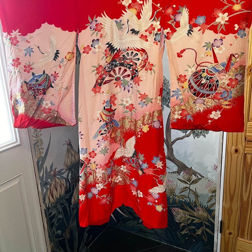 Children’s Vintage Red & Pink Crane Japanese Kimono